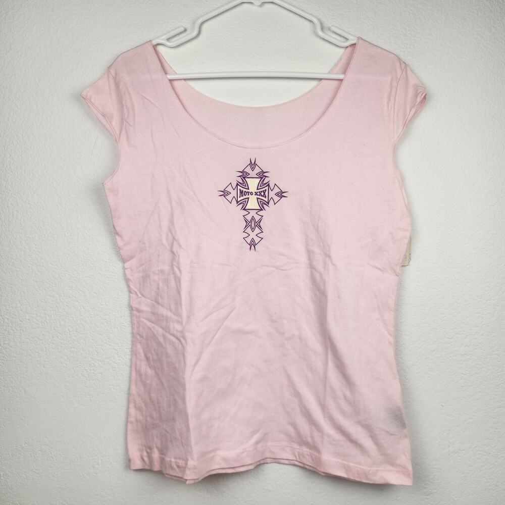 Moto XXX T-Shirt Pink Vintage Size Large Women Cap Sleeve Scoop Neck NWT